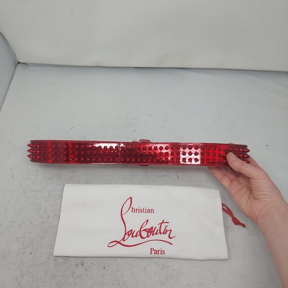 Christian Louboutin MENS LOUBI Red Logo Spike Studded Leather Belt - Picture 3 of 10